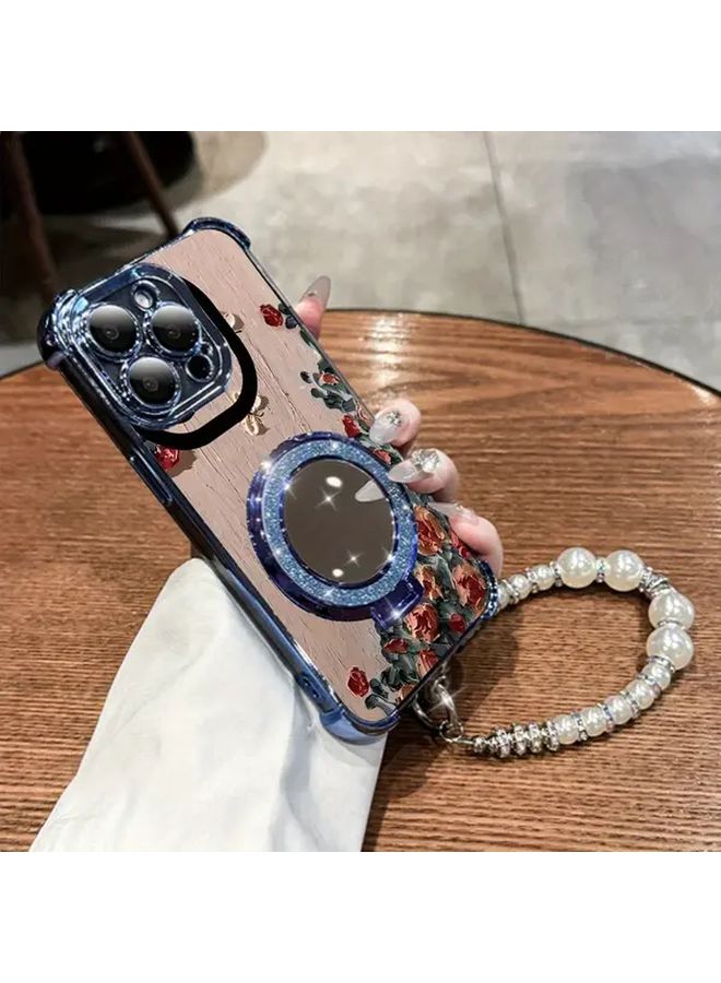 Blue Anti Drop Creative iPhone 16 Case With Pearl Bracelet Strap Protective Cover And Stand Luxury Full Body Girl Style - Image 3
