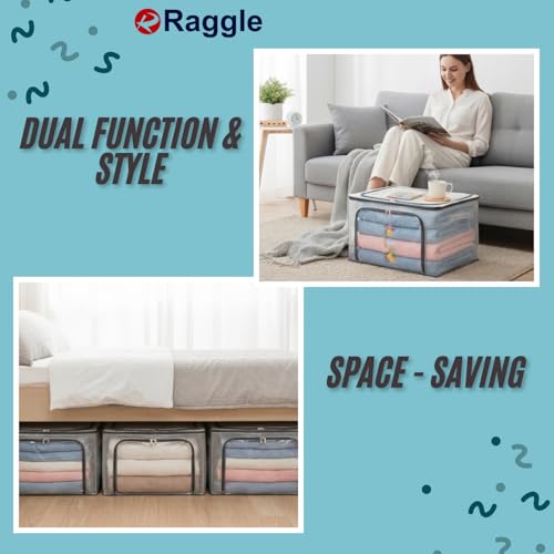 Raggle polycotton Clothes Storage Organizer Bins, Foldable Storage Bins-Cloth Steel Frame Storage Box with Foldable Clear Window & Reinforced Handles 50 * 40 * 30CM (Transparent, 66L-1) - Image 4