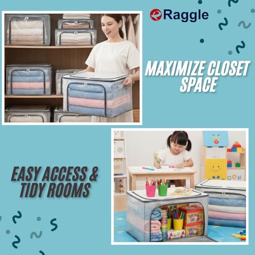 Raggle polycotton Clothes Storage Organizer Bins, Foldable Storage Bins-Cloth Steel Frame Storage Box with Foldable Clear Window & Reinforced Handles 50 * 40 * 30CM (Transparent, 66L-1) - Image 5