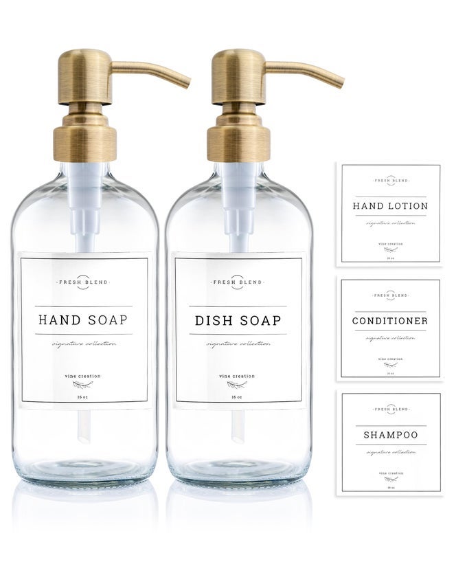 CLEAR GLASS SOAP DISPENSER 2 PACK KITCHEN SOAP DISPENSER SET WITH STAINLESS STEEL PUMP 16 OZ DISH SOAP AND HAND SOAP DISPENSERS FOR BATHROOM WITH WATERPROOF LABELS
