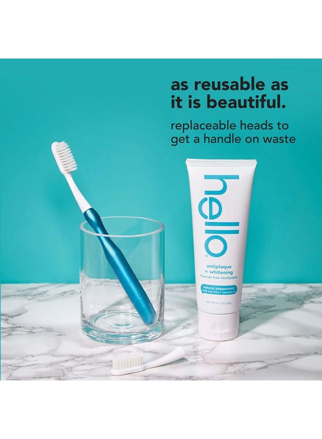Hello Manual Adult Toothbrush With Reusable Blue Modern Aluminum Handle & 4 Soft Replacement Heads, Bpa-free, 4 count - Image 3