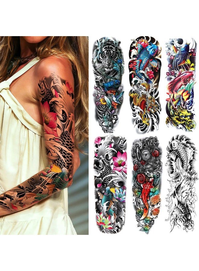 Fake Fish Sleeve Tattoo Stickers, 6-Sheet Full Arm Fish Flower Temporary Tattoos Sleeves for Adult Kids Women Makeup