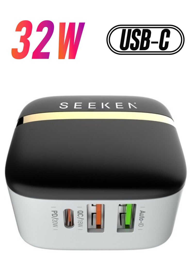 SEEKEN 32W Type-C-TO C Portable Fast Charger Home Charger Adapter - Black | Fast Charging | Campatible with Iphone and Samsung | 3 in 1 | Compact | Power Delivery | Premium Design | High-Quality. - Image 1