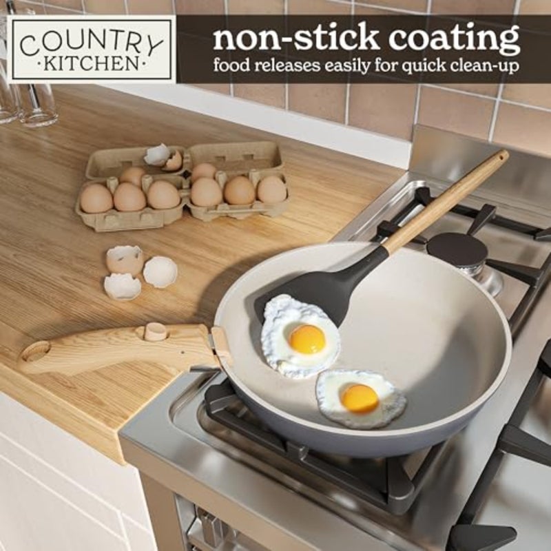 16 Pcs Pots and Pans Set - Safe Nonstick Ceramic Coating Kitchen Cookware with Soft Touch Wooden Removable Handle, RV Cookware Set, Oven Safe Grey/Ivory - Image 4
