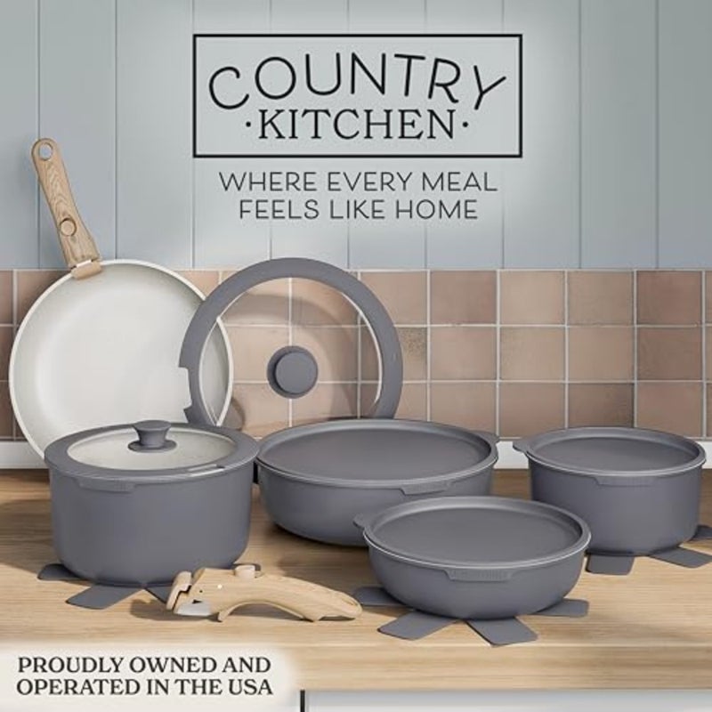 16 Pcs Pots and Pans Set - Safe Nonstick Ceramic Coating Kitchen Cookware with Soft Touch Wooden Removable Handle, RV Cookware Set, Oven Safe Grey/Ivory - Image 2