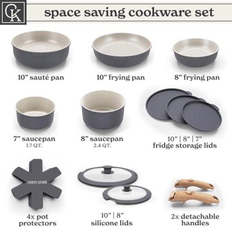 16 Pcs Pots and Pans Set - Safe Nonstick Ceramic Coating Kitchen Cookware with Soft Touch Wooden Removable Handle, RV Cookware Set, Oven Safe Grey/Ivory - Image 3