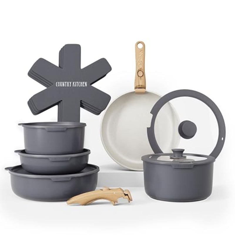 16 Pcs Pots and Pans Set - Safe Nonstick Ceramic Coating Kitchen Cookware with Soft Touch Wooden Removable Handle, RV Cookware Set, Oven Safe Grey/Ivory - Image 1