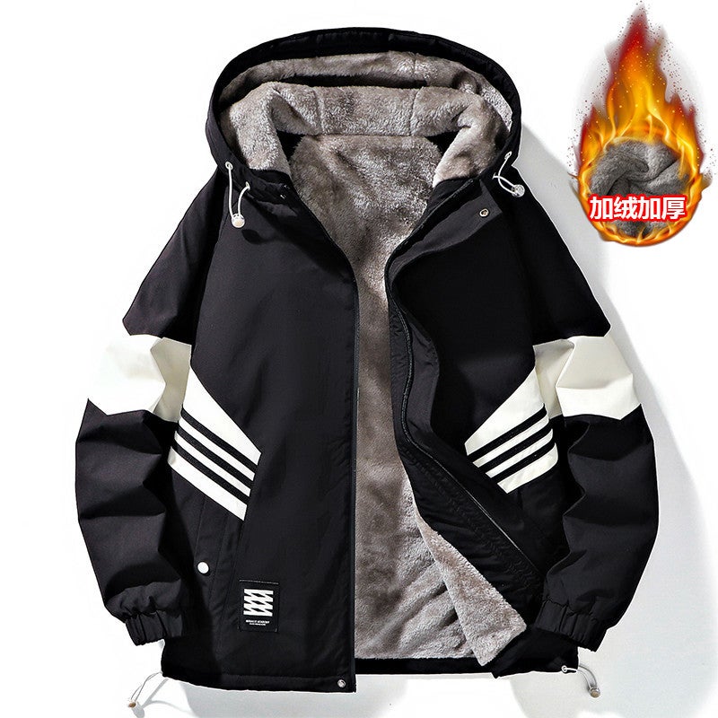 Fleece-Lined Thickened Fashionable Tooling Outdoor Waterproof Windproof Loose Hooded Men'S And Women'S Color-Block Jacket Coat - Image 1