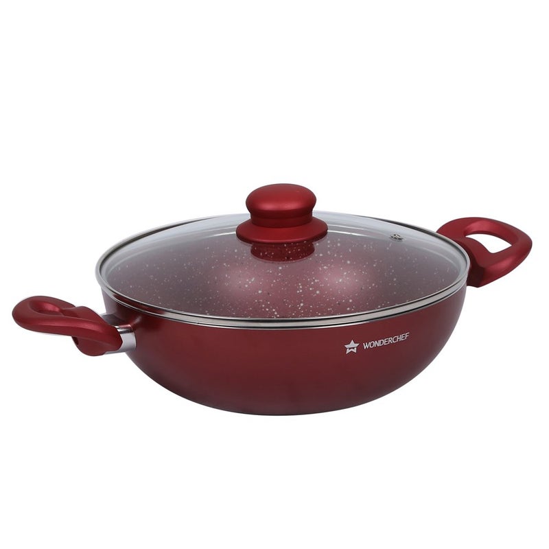 Wonderchef Garnet Non-Stick Cookware Set of 4 | Kadhai with Glass Lid 24cm, Fry Pan 24cm & Dosa Tawa 28cm | Induction Friendly cookware | Soft Touch Handle | Pure Grade Aluminium | PFOA Free | 2 Year Warranty | Red - Image 3
