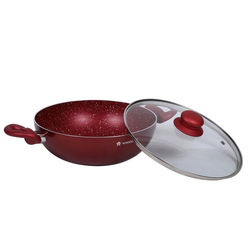 Wonderchef Garnet Non-Stick Cookware Set of 4 | Kadhai with Glass Lid 24cm, Fry Pan 24cm & Dosa Tawa 28cm | Induction Friendly cookware | Soft Touch Handle | Pure Grade Aluminium | PFOA Free | 2 Year Warranty | Red - Image 4