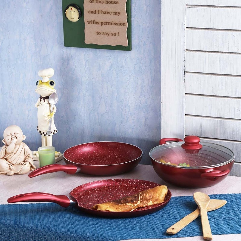 Wonderchef Garnet Non-Stick Cookware Set of 4 | Kadhai with Glass Lid 24cm, Fry Pan 24cm & Dosa Tawa 28cm | Induction Friendly cookware | Soft Touch Handle | Pure Grade Aluminium | PFOA Free | 2 Year Warranty | Red - Image 2