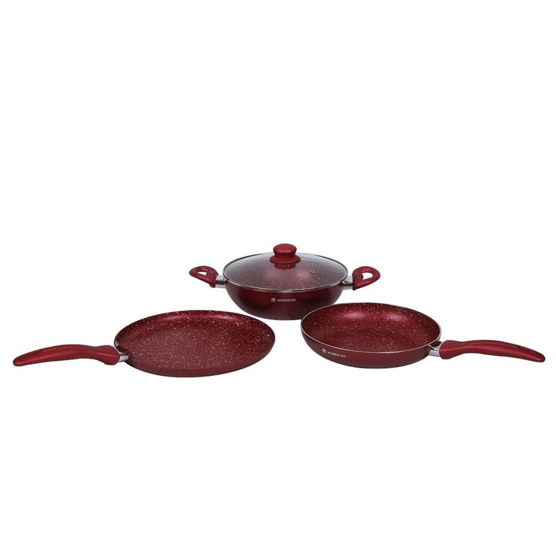 Wonderchef Garnet Non-Stick Cookware Set of 4 | Kadhai with Glass Lid 24cm, Fry Pan 24cm & Dosa Tawa 28cm | Induction Friendly cookware | Soft Touch Handle | Pure Grade Aluminium | PFOA Free | 2 Year Warranty | Red - Image 1