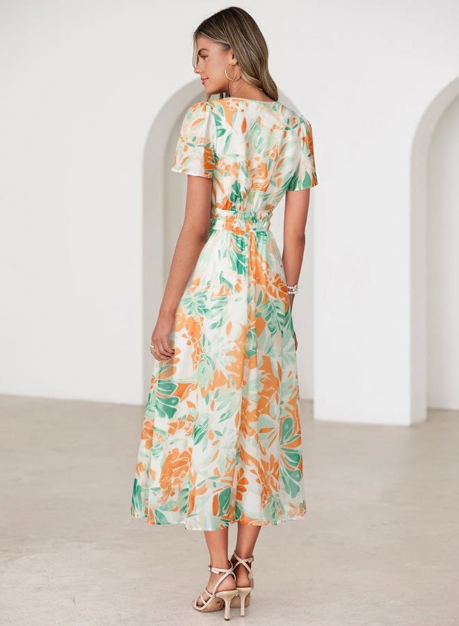 SIMPLEE Women Floral Summer Maxi Dress Boho Flowy Casual Chiffon Short Sleeves V Neck Long Wedding Guest Dresses, Blue Yellow Floral, L - Image 4