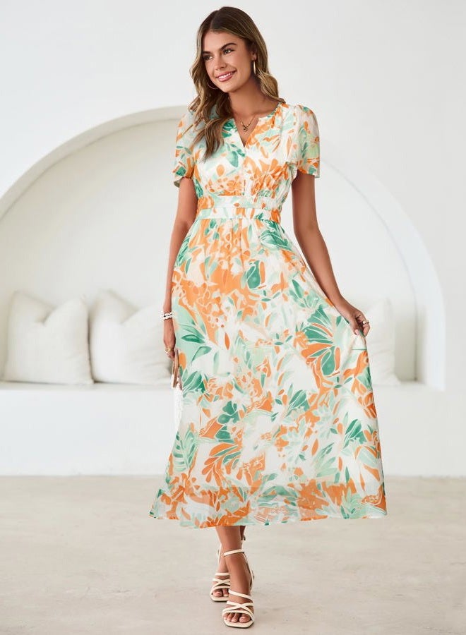 SIMPLEE Women Floral Summer Maxi Dress Boho Flowy Casual Chiffon Short Sleeves V Neck Long Wedding Guest Dresses, Blue Yellow Floral, L - Image 5