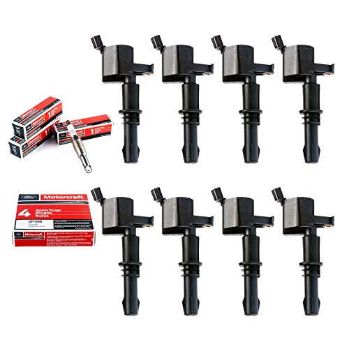 MAS Set of 8 Ignition Coils Pack Straight Boot & Motorcraft Spark plug SP546 SP515 Compatible with Ford F150 F250 F350 Super Duty Expedition Lincoln Navigator V8 5.4l Replacement for DG511 FD508 - Image 1
