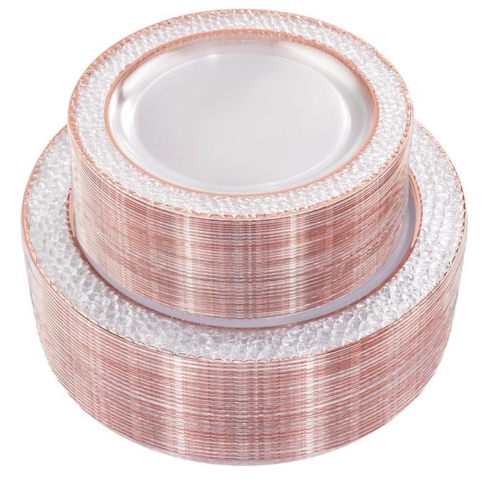 102PCS ROSE GOLD PLASTIC PLATES CLEAR ROSE GOLD DISPOSABLE PLATES INCLUDE 51PCS 75INCH DESSERT PLATE 51PCS 1025INCH DINNER PLATE PERFECT FOR WEDDINGS PARTIES