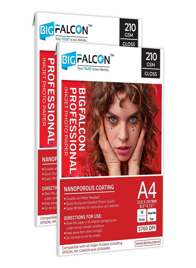 BIGFALCON ورق صور لامع مطلي بالراتنج من BIGFALCON Professional، مقاس A4 (8.5 × 11 بوصة)، 210 جرام/متر مربع، مناسب لجميع طابعات الحبر النفاث (عبوة من قطعتين). - Image 1