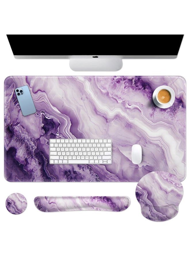 Britimes Purple Pink Marble Gold Keyboard Mouse Pad Set 4in1 Large Mousepad+Keyboard Wrist Rest+Mouse Wrist Rest+Coaster Ergonomic Design for Home Office Computer 35.4x15.7 inches - Image 1