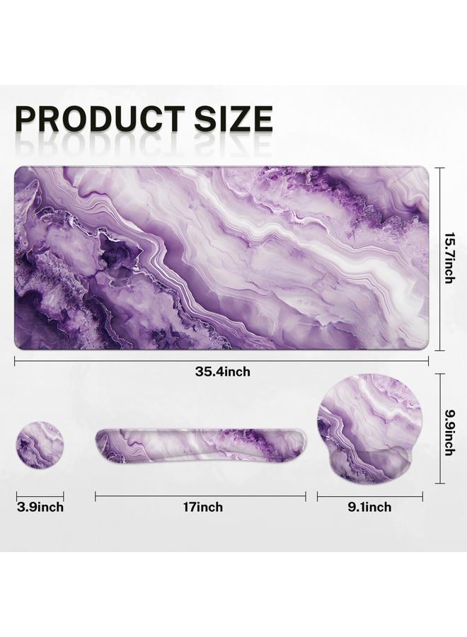 Britimes Purple Pink Marble Gold Keyboard Mouse Pad Set 4in1 Large Mousepad+Keyboard Wrist Rest+Mouse Wrist Rest+Coaster Ergonomic Design for Home Office Computer 35.4x15.7 inches - Image 2
