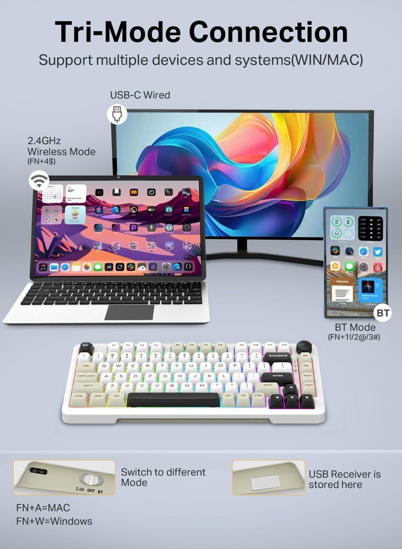 E-YOOSO Z82 Wireless Mechanical Keyboard, 75% Gasket Hot Swappable RGB Gaming Keyboard, 3-Modes 81 Keys Compact Mechanical Keyboard with Dedicated Knob Control and Sound Absorbing Pads, PBT Keycaps  - Image 3