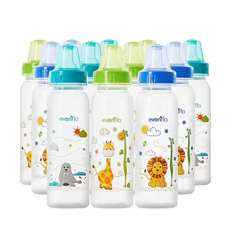 Evenflo Feeding Classic Prints Polypropylene Bottles for Baby, Infant and Newborn - Blue/Green/Teal, 8 Ounce (Pack of 12) - Image 1