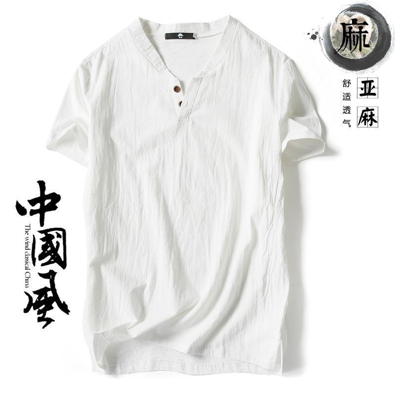 Short-sleeved T-shirt Men's Linen Vintage Top Thin Half-sleeved Solid Color V-neck Loose plus size Cotton Linen T-shirt - Image 4