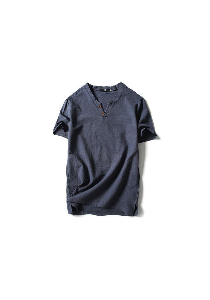 Short-sleeved T-shirt Men's Linen Vintage Top Thin Half-sleeved Solid Color V-neck Loose plus size Cotton Linen T-shirt - Image 1