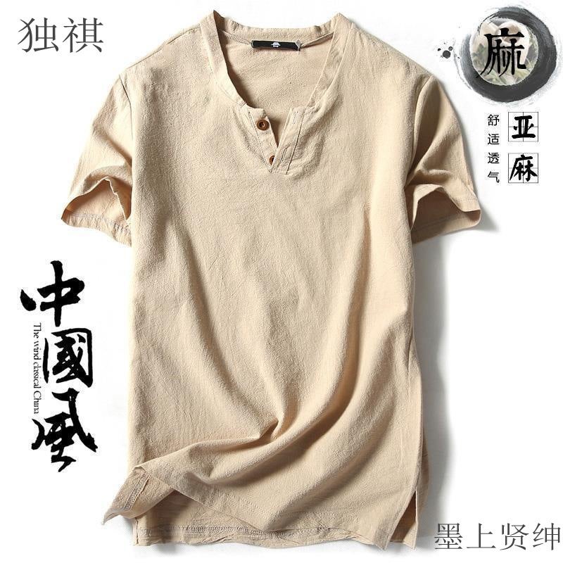 Short-sleeved T-shirt Men's Linen Vintage Top Thin Half-sleeved Solid Color V-neck Loose plus size Cotton Linen T-shirt - Image 2