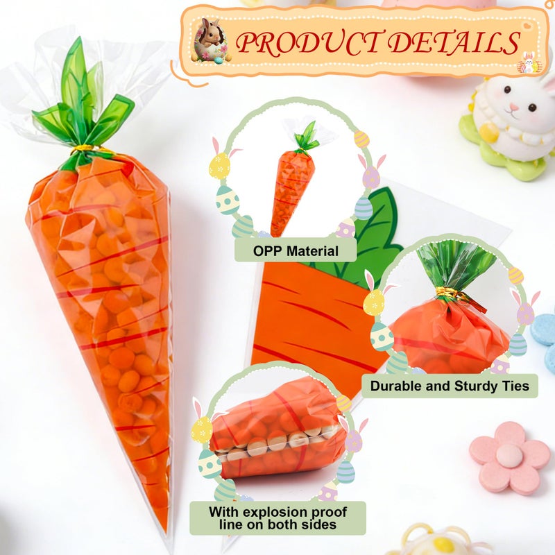 Lxzyu Easter Carrot Transparent Cone Cello Bags, Easter Treat Bags, Easter Goodie Bags, Cellophane Cone Shaped Candy Cookie Popcorn Snack Goody Bags with Twist Ties for Easter Party Favor Supplies, 50Pcs - Image 3
