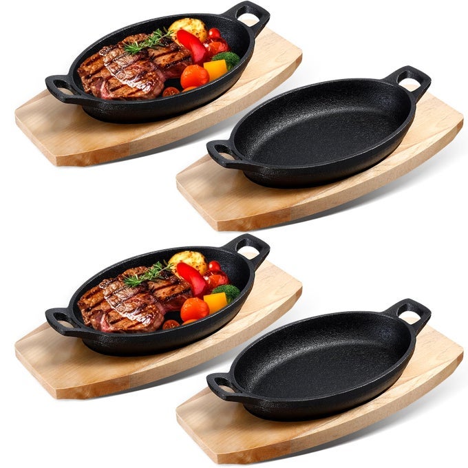 SET OF 4 CAST IRON MINI OVAL SERVING DISH PANS WITH WOODEN BASE 8OZ MINI CAST FAJITAS IRON SMALL SKILLET DISHES BLACK LITTLE PANS SKILLETS FOR BAKING ROASTING85 X 61 X 17 INCH