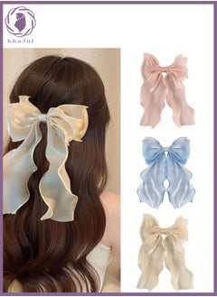 KHAJUL 3-Piece Gauze Cute and Beautiful Bow Hair Accessories for Women Girls (Blue + Pink + Apricot)  - Image 1