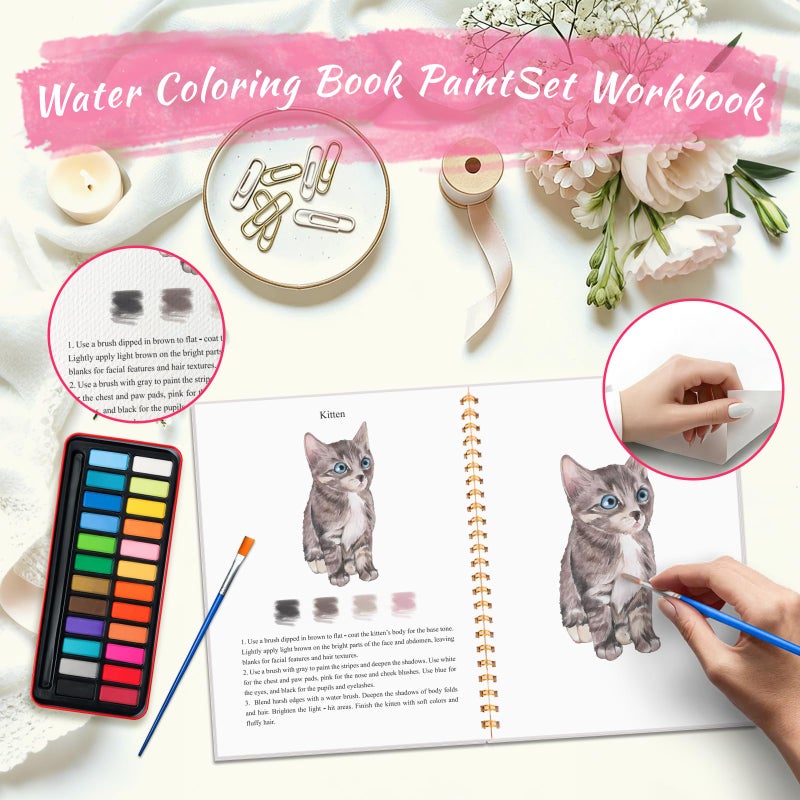 Cbcmpica Watercolor Workbook - Coloring Book Beginner Friendly Painting Kit, Watercolor Workbooks for Adults, Exploration Gift for Adults Teens (Flowers-Animals, 24 Color Palette) - Image 4