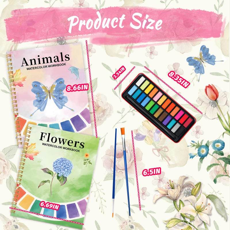 Cbcmpica Watercolor Workbook - Coloring Book Beginner Friendly Painting Kit, Watercolor Workbooks for Adults, Exploration Gift for Adults Teens (Flowers-Animals, 24 Color Palette) - Image 3
