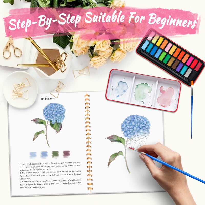 Cbcmpica Watercolor Workbook - Coloring Book Beginner Friendly Painting Kit, Watercolor Workbooks for Adults, Exploration Gift for Adults Teens (Flowers-Animals, 24 Color Palette) - Image 2