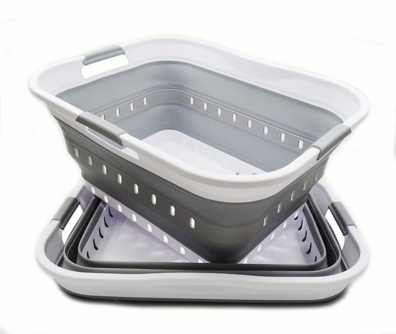 SAMMART 42L 11 gallon Collapsible Plastic Laundry Basket  Foldable Pop Up Storage ContainerOrganizer  Portable Basket  Space Saving HamperBasket 2 WhiteGrey