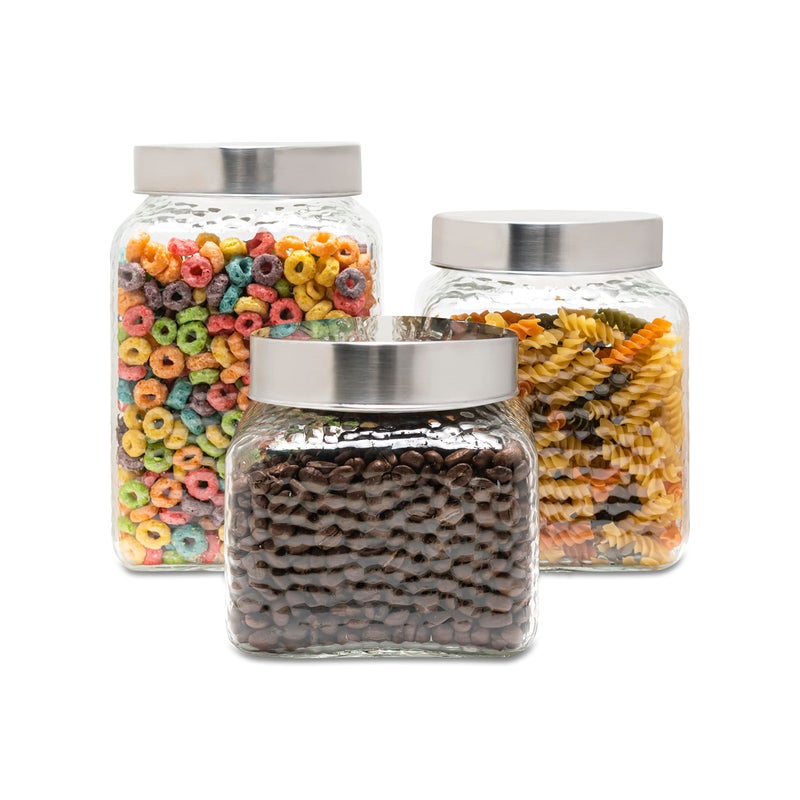 Style Setter Square Canister Set 3Piece Glass Jars in 43 64 and 75 ounces Chic Retro Design with Airtight Stainless Steel Lids for Cookies Candy Coffee Flour Sugar Rice Cereal Hammered