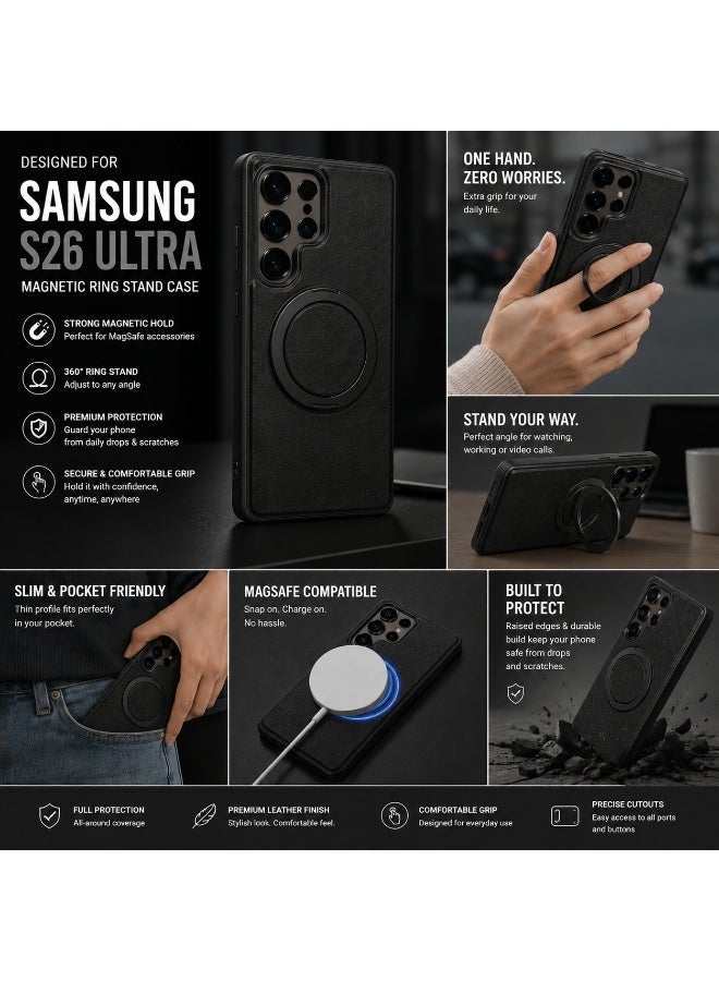 NOVA TECH Samsung Galaxy S26 Ultra Ring Stand Leather Case, Magnetic Shockproof Cover with Kickstand Holder - Image 4