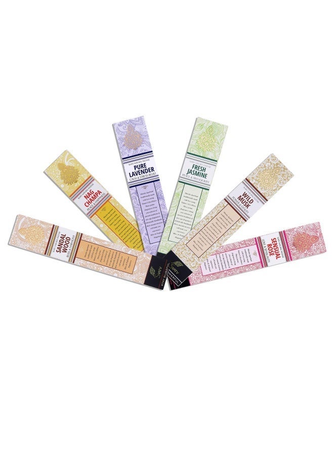NATURAL HAND ROLLED ANCIENT INCENSE STICK WITH PACK OF 6 NAGCHAMPA SANDALWOOD LAVENDER ROSE MUSK JASMINE FOR MEDITATION YOGA SPIRITUAL AROMATHERAPY - 15G X 6 90G