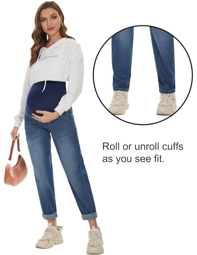 POSHGLAM Women's Maternity Jeans Over Belly Comfy Stretch 28'' Boyfriend Jeans Loose Pregnancy Pants(Dark Blue, Large) - Image 3
