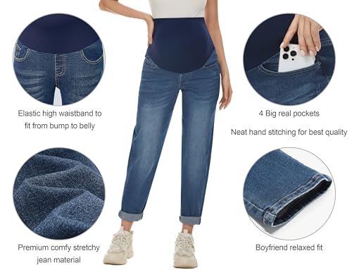 POSHGLAM Women's Maternity Jeans Over Belly Comfy Stretch 28'' Boyfriend Jeans Loose Pregnancy Pants(Dark Blue, Large) - Image 2