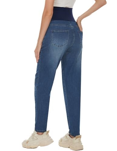 POSHGLAM Women's Maternity Jeans Over Belly Comfy Stretch 28'' Boyfriend Jeans Loose Pregnancy Pants(Dark Blue, Large) - Image 5