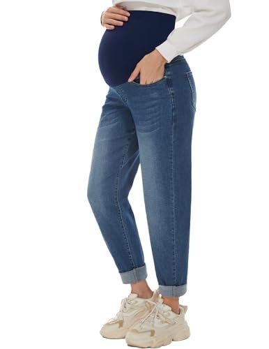 POSHGLAM Women's Maternity Jeans Over Belly Comfy Stretch 28'' Boyfriend Jeans Loose Pregnancy Pants(Dark Blue, Large) - Image 1