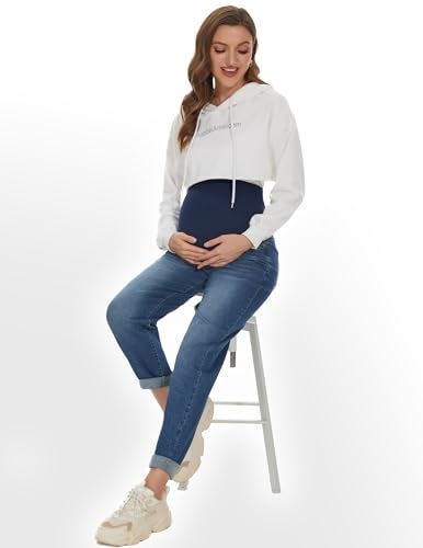 POSHGLAM Women's Maternity Jeans Over Belly Comfy Stretch 28'' Boyfriend Jeans Loose Pregnancy Pants(Dark Blue, Large) - Image 4