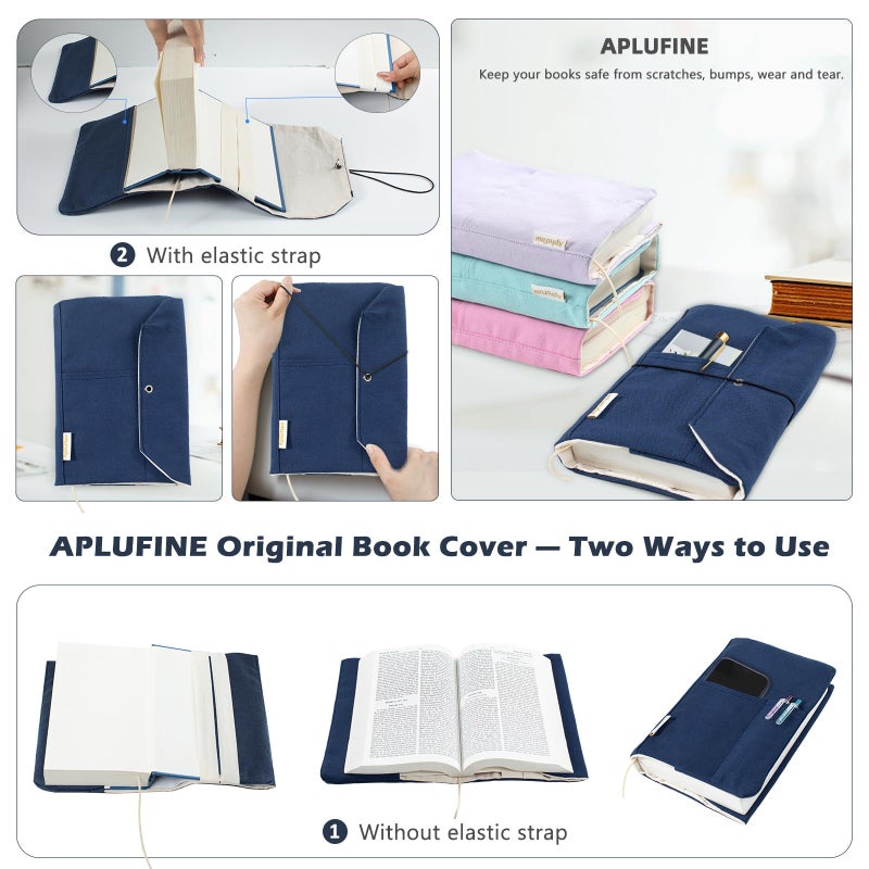 Aplufine أغطية كتب قماشية، واقي كتب قابل للغسل، غلاف كتاب لروايات الغلاف الورقي، غلاف كتاب قابل للتعديل للكتب ذات الغلاف الصلب مع جيوب للقلم، كتب ذات غلاف ناعم، هدايا لعشاق الكتب - Image 4