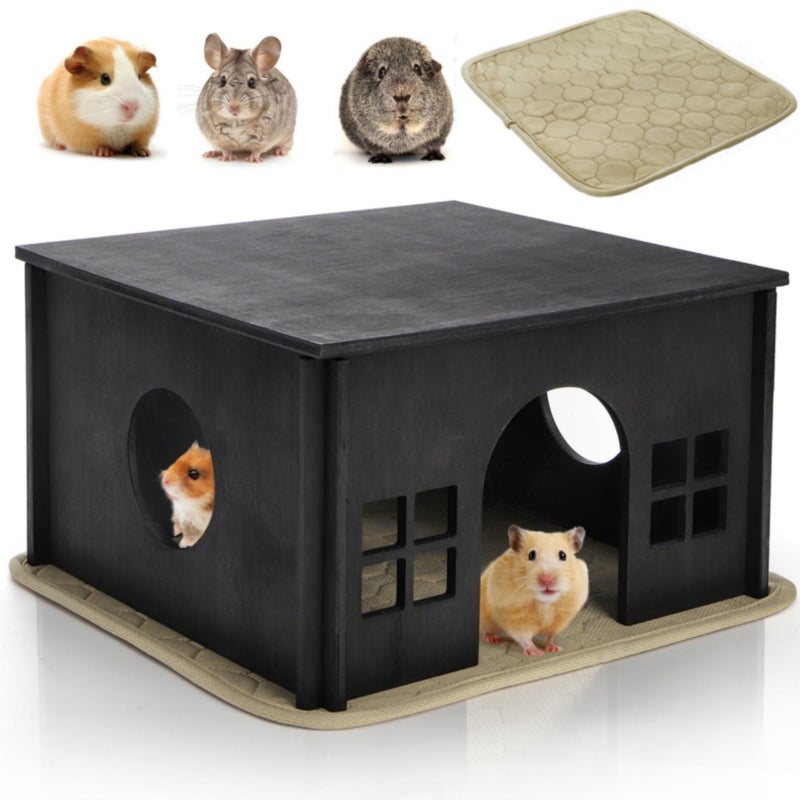 Acshio Wooden Hamster Hideout, Guinea Pig House with Soft Mat Windows, Detachable Small Pets Woodland House Decor for Chinchilla Mice Gerbils Mouse Dwarf - Image 1