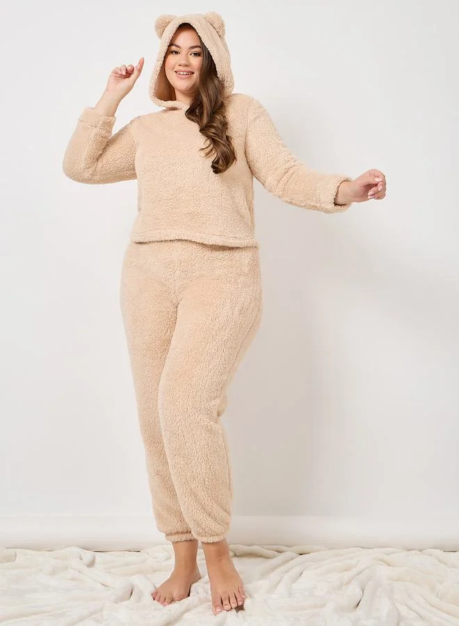Styli Plush Fleece Bear Ear Hoodie & Jogger Lounge Set