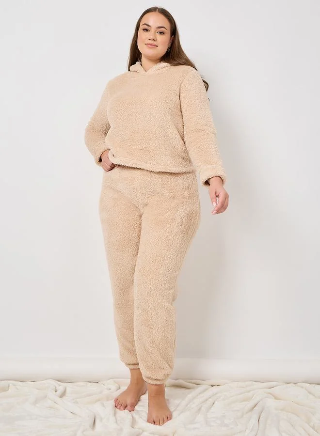 Styli Plush Fleece Bear Ear Hoodie & Jogger Lounge Set