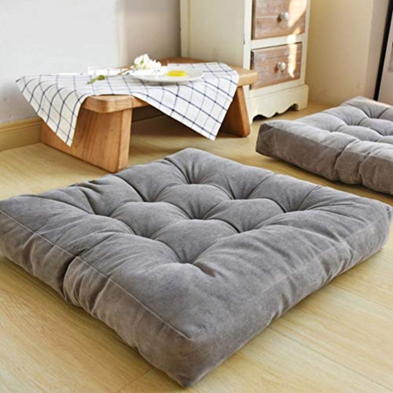 Solid Square Seat Cushion, Tufted Thicken Pillow Seat Corduroy Chair Pad Tatami Floor Cushion for Yoga Meditation Living Room Balcony Office Outdoor, Grey, 22x22 Inch - Image 1