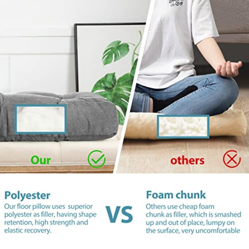 Solid Square Seat Cushion, Tufted Thicken Pillow Seat Corduroy Chair Pad Tatami Floor Cushion for Yoga Meditation Living Room Balcony Office Outdoor, Grey, 22x22 Inch - Image 2