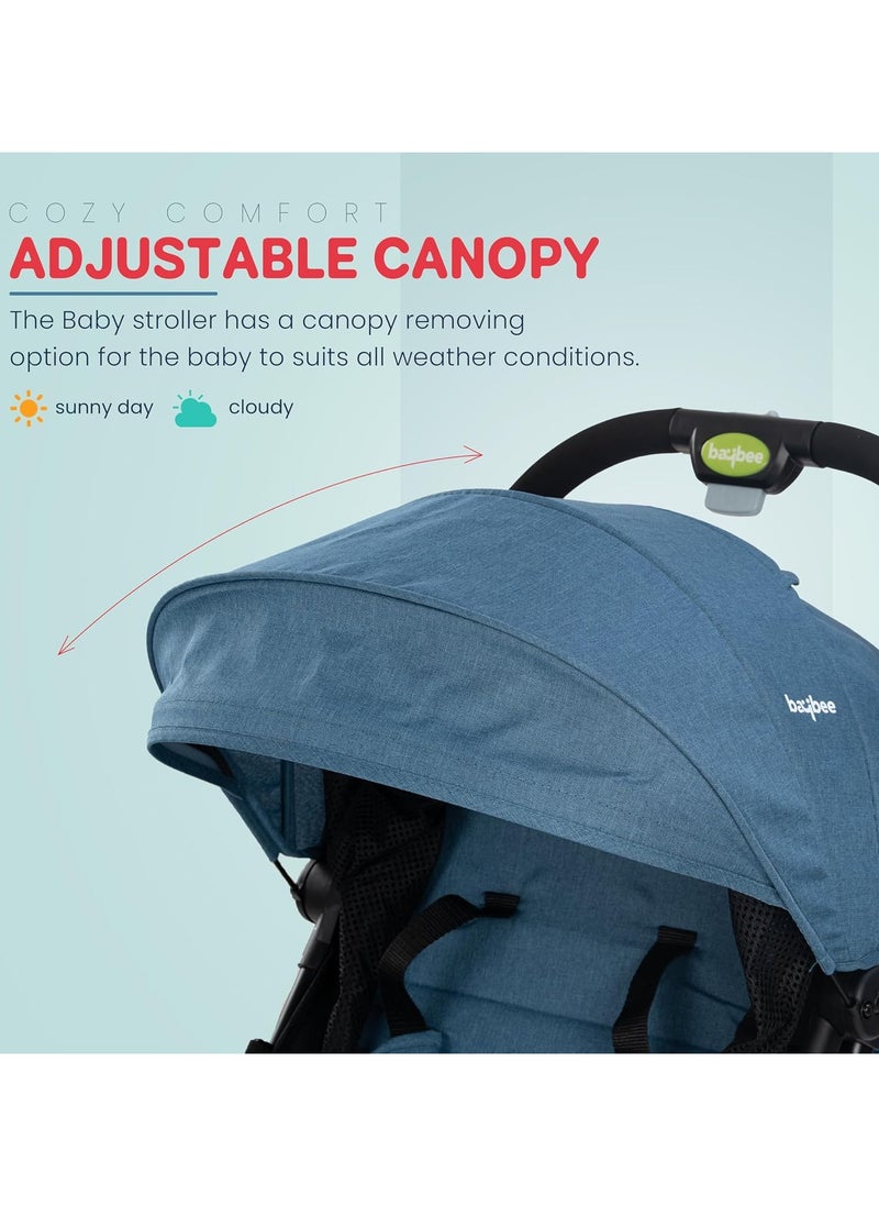 BAYBEE - Foldable Cabin Baby Stroller Pram for Baby with Metal Frame, 3-Position Adjustable Seat & Canopy, Bassinet, Parent Handle, 5 Point Safety Belt, Stroller for Kids Toddler 0 to 3 Years Boy Girl Blue - Image 1